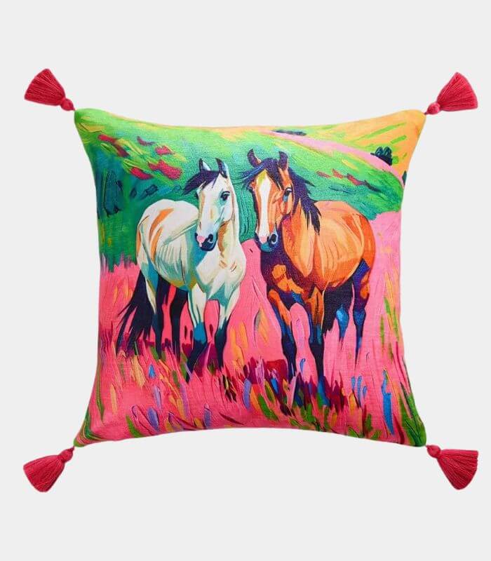 Wild Meadow Horse Cushion Cover Cotton Chenille Pink Multicolour 45x45 cm