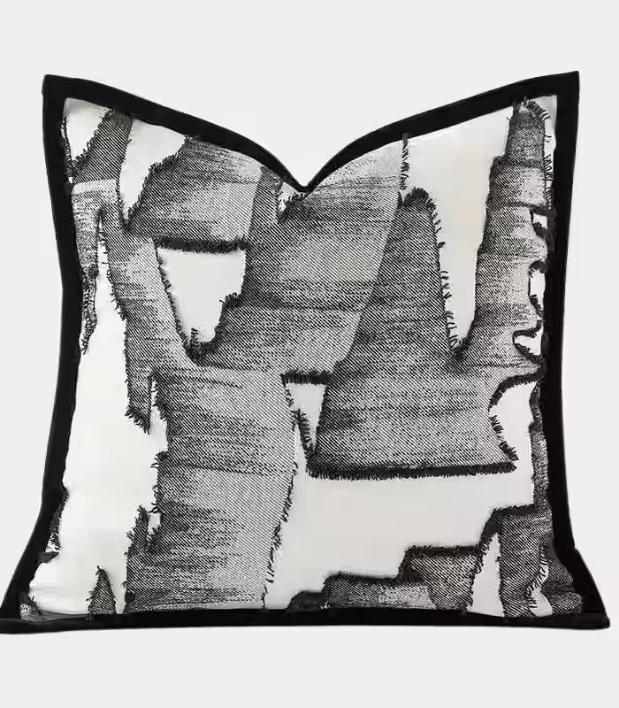 Abstract Brushstroke Cushion Cover – Embroidered Design Black & White