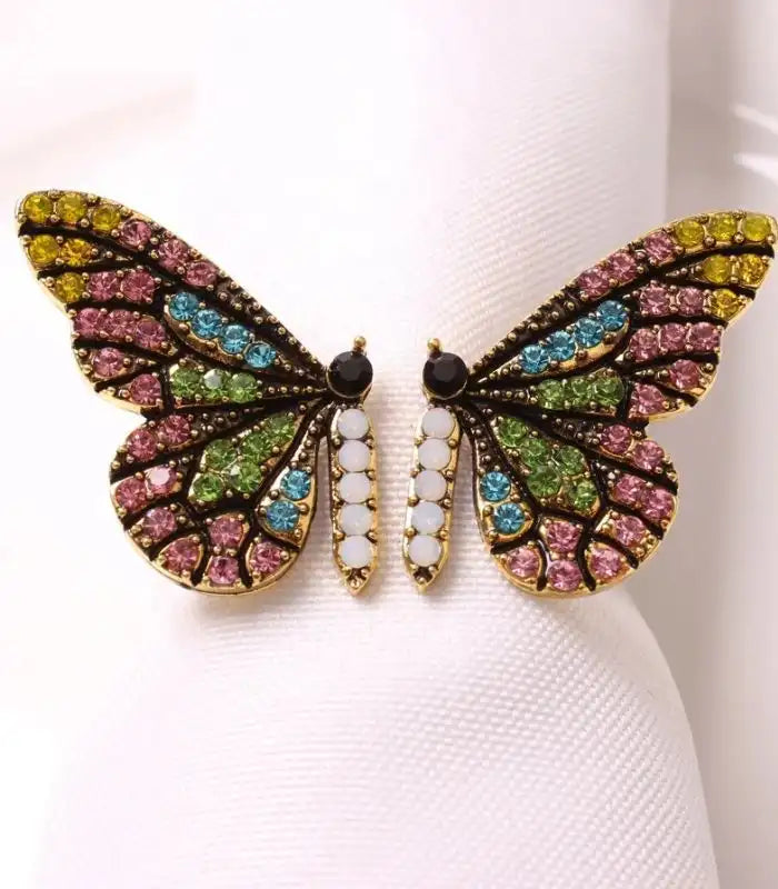 Set 6 Pcs Jeweled Butterfly Napkin Ring Set – Multicolor Crystal Design