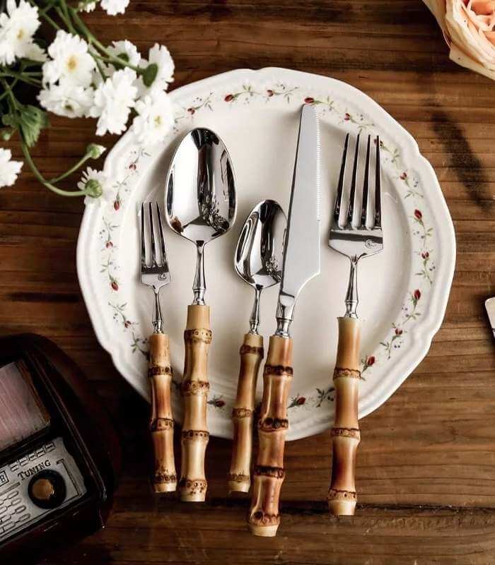 Natural Bamboo Flatware Set 18/10 Stainless Steel with Steak Knives, Bamboo Flatware Set