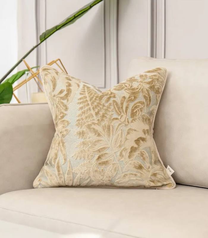 Velvet Floral Garden Cushion Cover Velvet Embroidery Beige