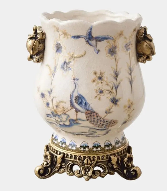 Ophira Crackle-Glaze Porcelain Vase – Hand-Painted Peacock, Gilded Resin Base & Handles 21cm