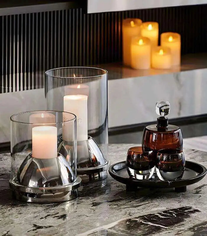 Modern Glass and Steel Hurricane Candle Holders