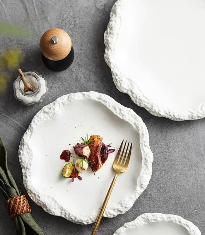 Handcrafted Ceramic Dinnerware Plate- Organic Hammered Design White