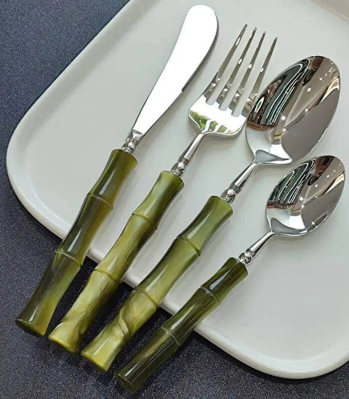 Emerald Bamboo Stainless Steel Cutlery Set | Designer Bamboo-Inspired Flatware with Acrylic Handles | Premium 24, 16 & 4 Piece Sets