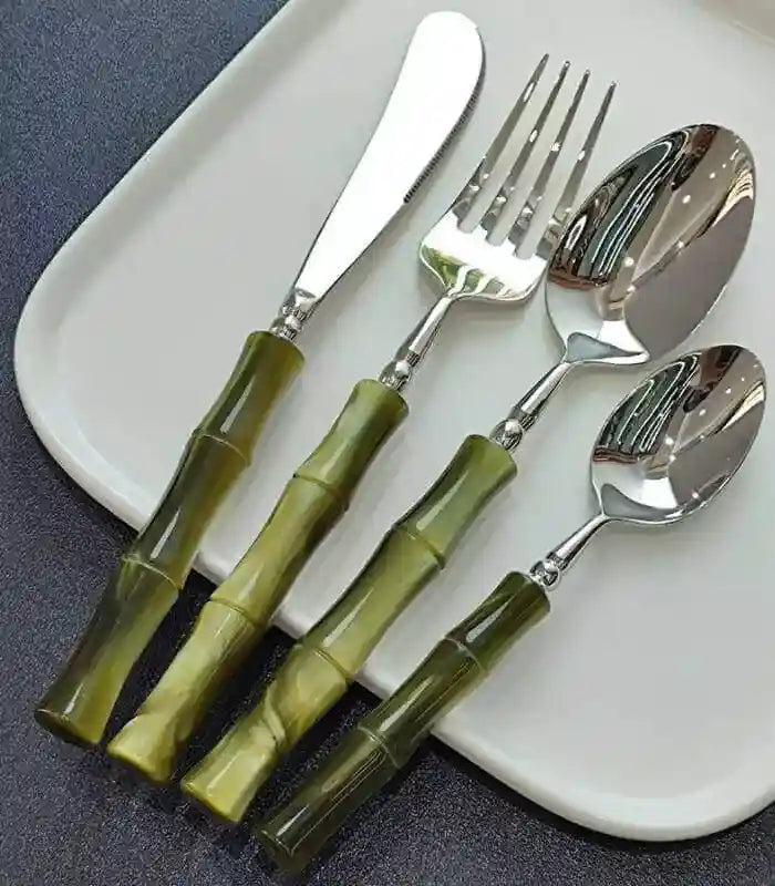 Emerald Bamboo Stainless Steel Cutlery Set | Designer Bamboo-Inspired Flatware with Acrylic Handles | Premium 24, 16 & 4 Piece Sets