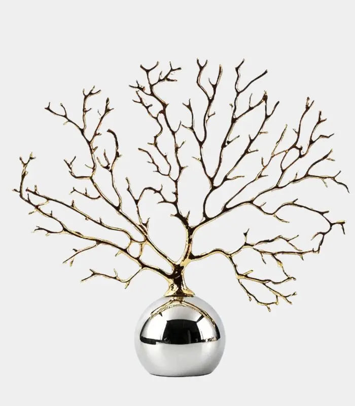 Auria Gold Coral Branch Sculpture – Metal Decorative Accent with Mirrored Sphere Base 35 cm