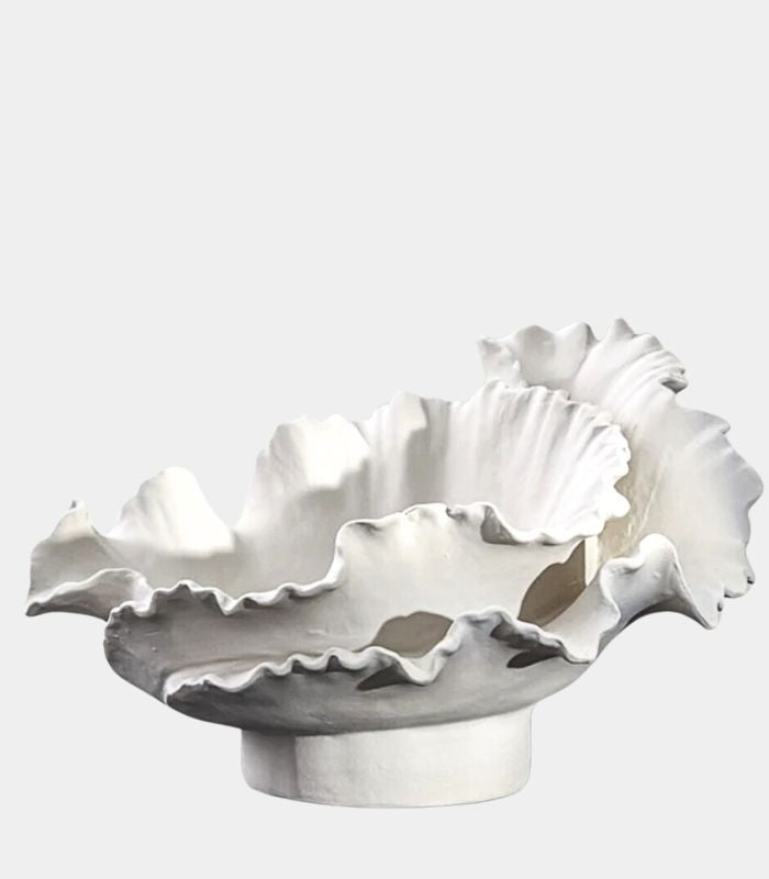 Royal Bloom Decorative Fruit Bowl - Handcrafted Wavy Ceramic Display Bowl 37.5 cm White