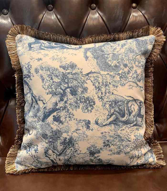 Cushion Cover Mythos Woven Blue Print Fringed