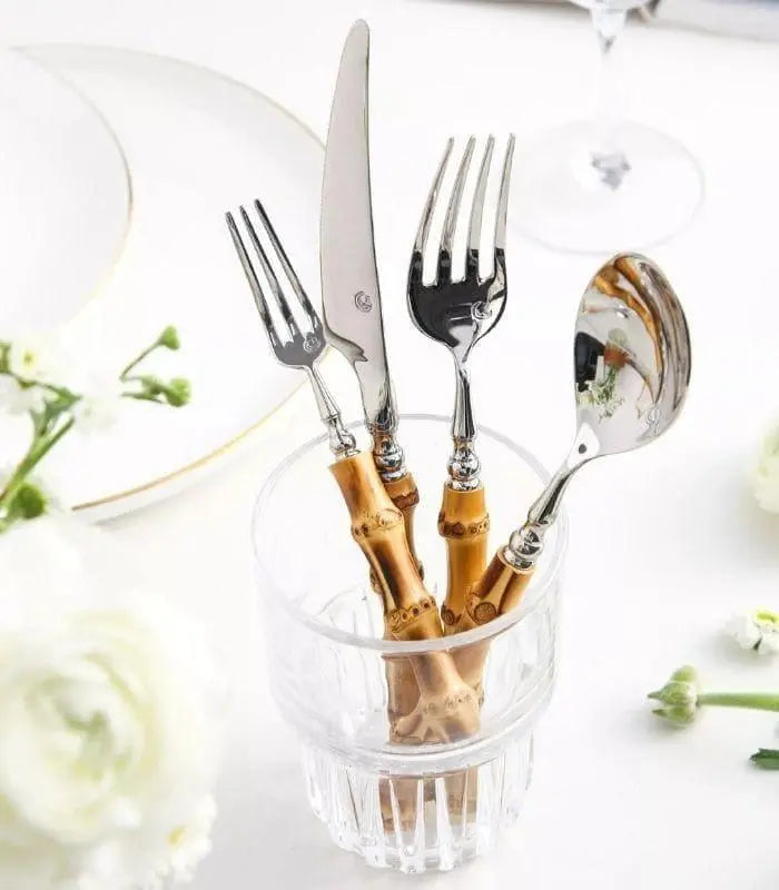 20 Pcs Cutlery Set Natural Bamboo Handle Stainless Steel Flatware