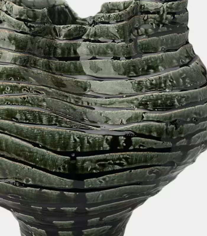 Nairi Large Handmade Ceramic Vase – Mottled Green Ridged Sculptural Vessel, Table or Floor