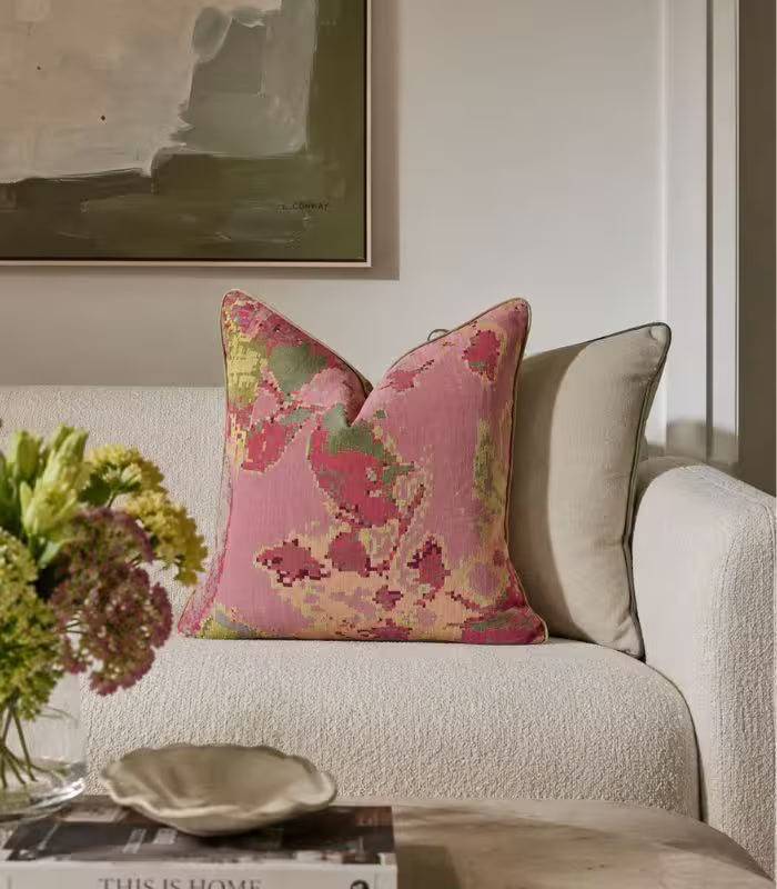 Cartago Jacquard Cushion Cover – Geometric Ikat Pattern in Rose and Olive