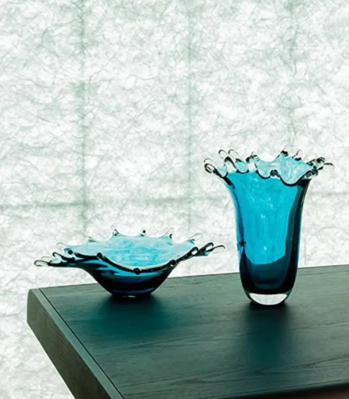 Cerelle Crystal Glass Centrepiece Bowl | Teal Blue Decorative Art Glass Bowl 40.5 cm / 15.9 in
