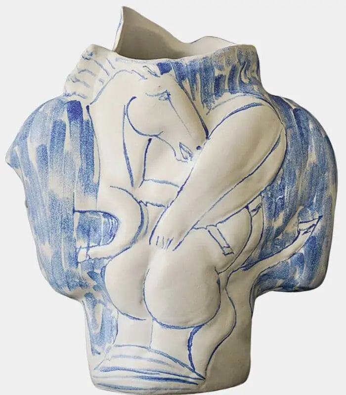 Artisan-crafted Ceramic Tabletop Vase Large Cream White and Blue Double-sided 38 cm