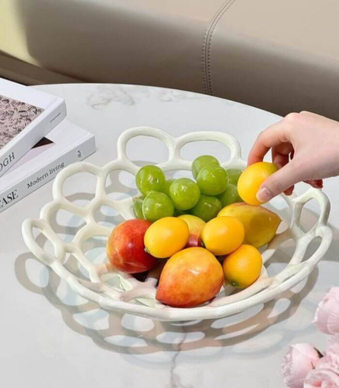 LUMINA Modern Lattice Fruit Bowl - Handcrafted Ceramic Decorative Bowl with Open Weave Design (30cm) | Contemporary Home Decor