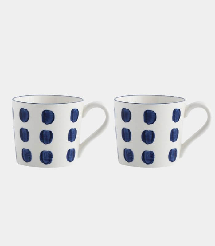 Set of 2 Blue Ceramic Cups Polka Dot Hand-Painted White & Blue