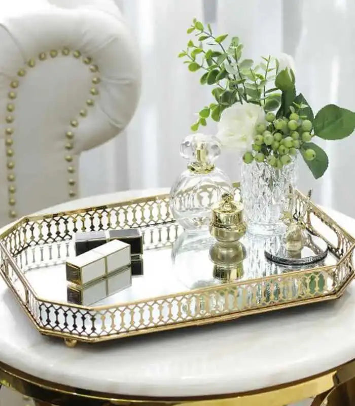 Vintage European Gold Mirror Metal Tray Rectangular 35cm