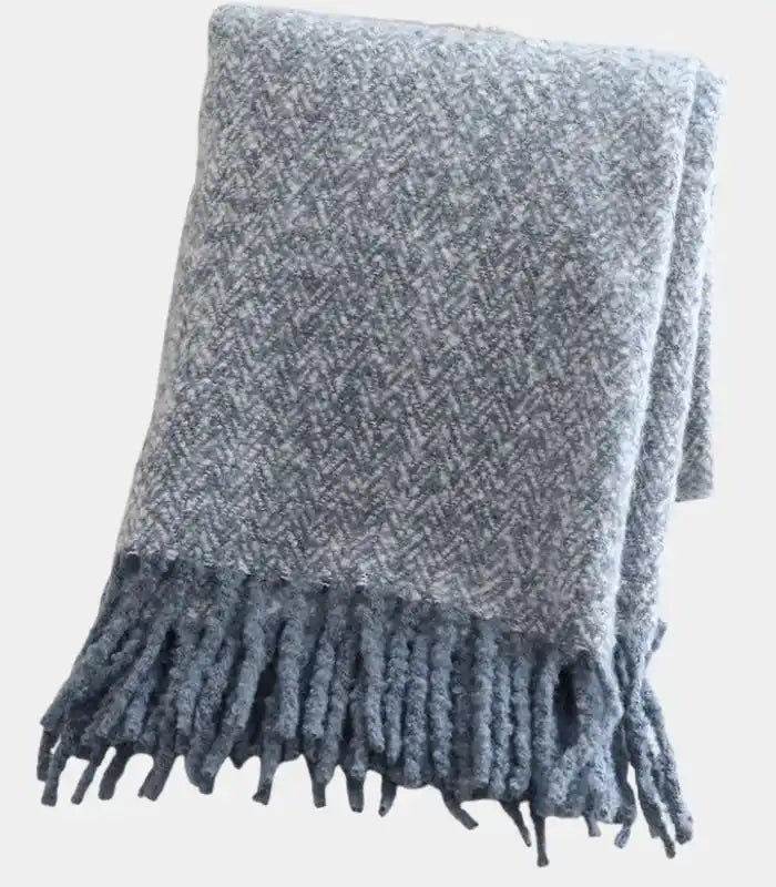 Blue Herringbone Throw Blanket – Textured Woven Design with Fringe Tassels 120 x 170 cm