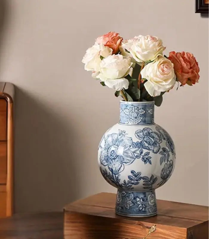 Floriana Blue & White Porcelain Vase – Hand-Decorated Floral Design