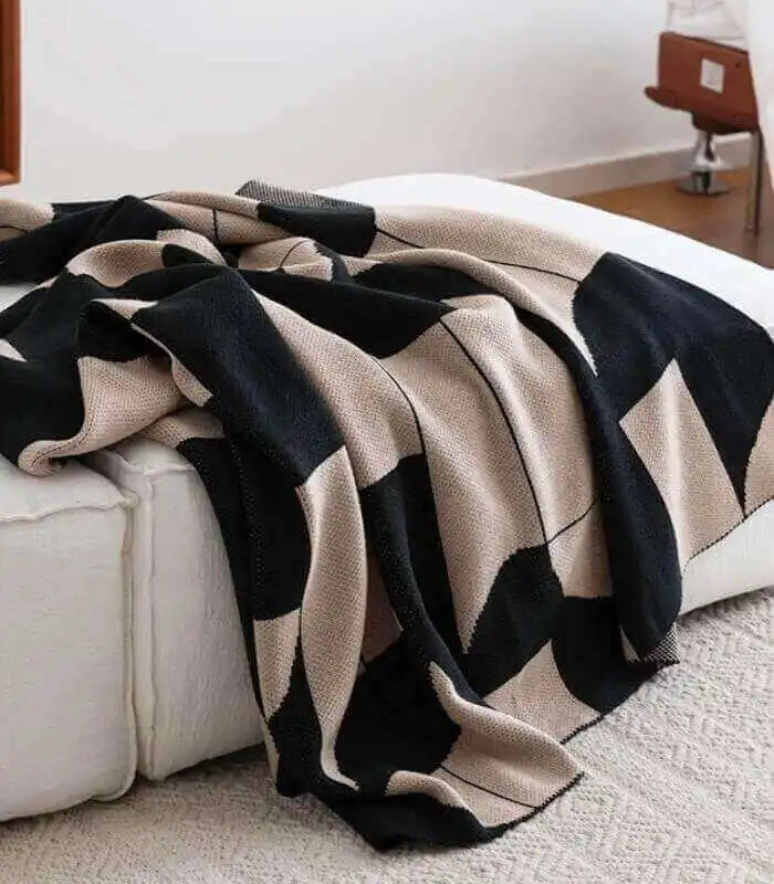Geometric Harmony Knit Throw Blanket Modern Acrylic Knit Throw Blanket - Black and Beige 130x180 cm ( 51.18 in x 70.87 in)