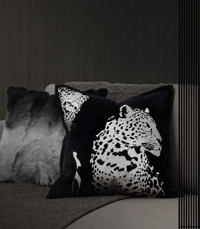 Cushion Cover Velvet Leopard Embroidery Black