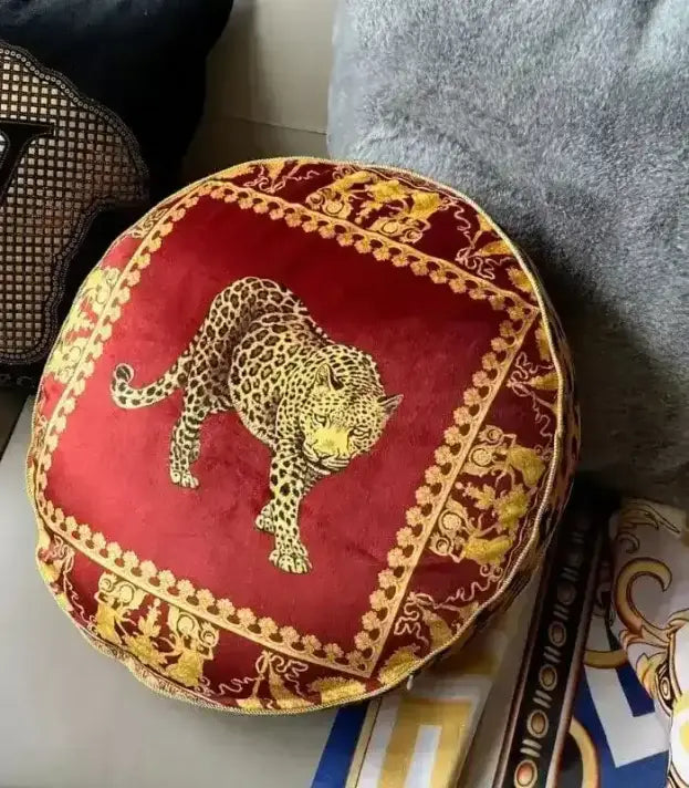 Leopard Velvet Cushion Cover - Regal Red & Gold, 45cm Round