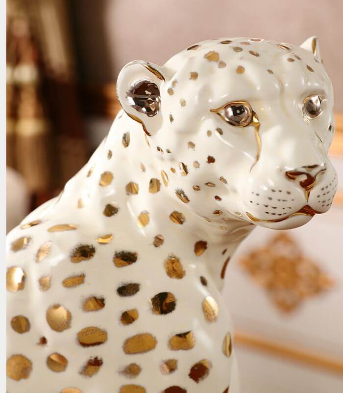 Ceramic Sculpture Leopard Gold White Hand Painted New Large