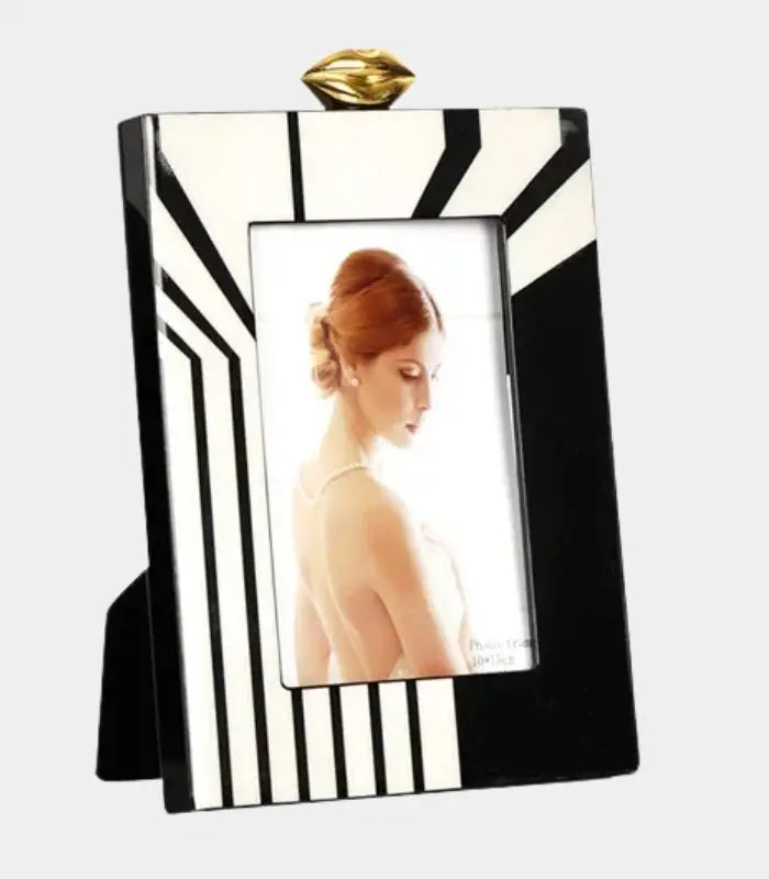 Art Deco Picture Frame - Modern Black & White Geometric Photo Frame with Gold Accent
