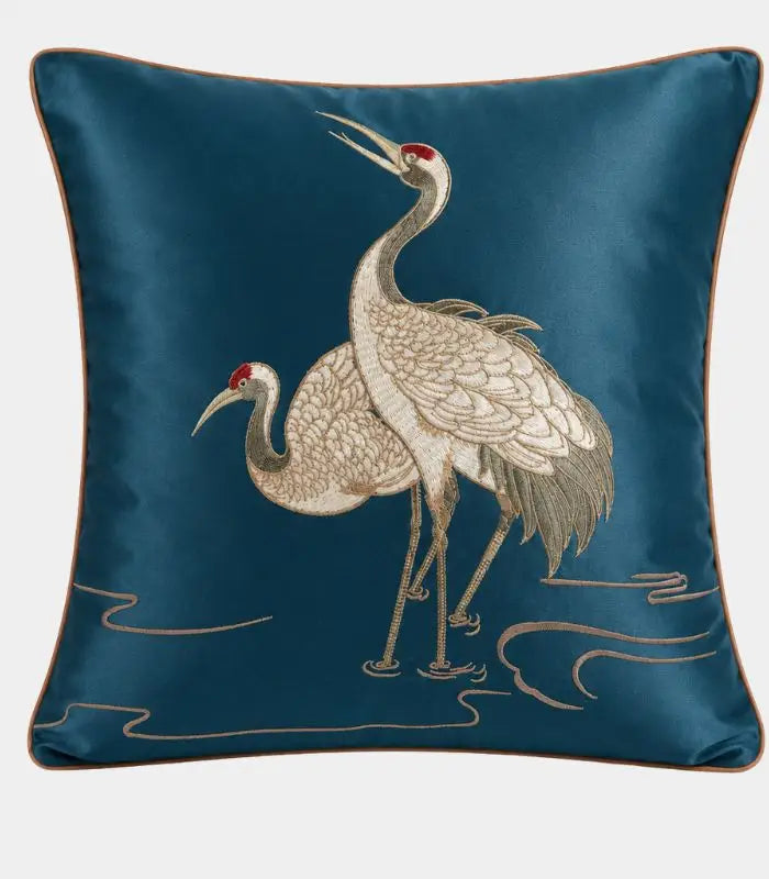 Cushion Cover Crane Embroidered Silk Satin 45x45cm Blue