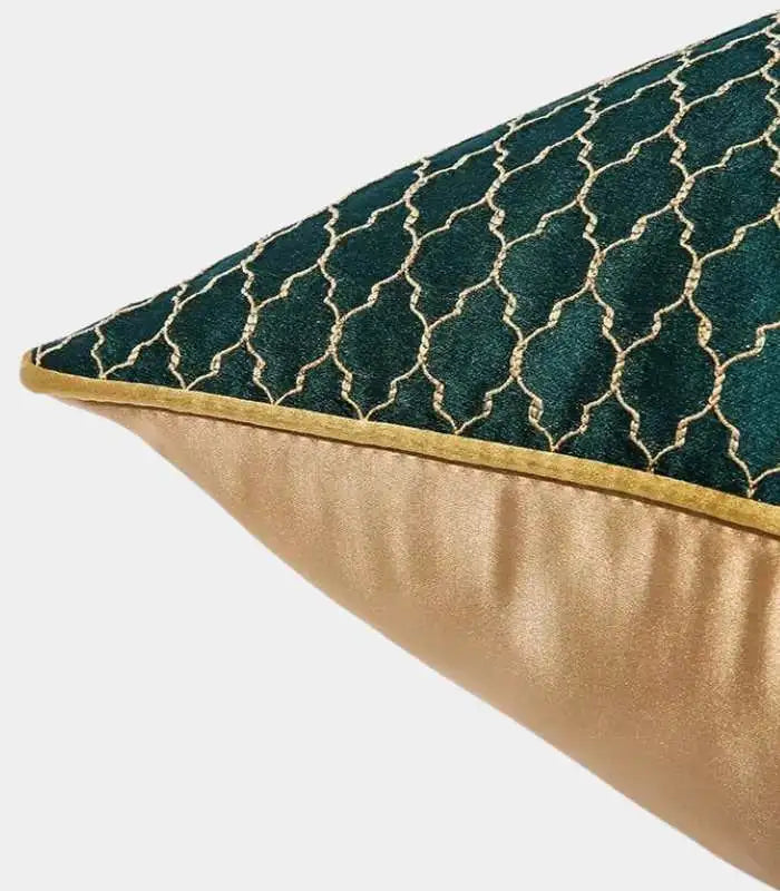 Moroccan Lattice Cushion Cover – Emerald & Gold Embroidered