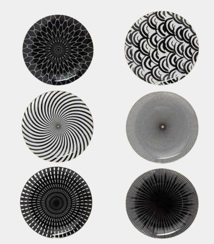 Set of 6 Dining Plates Black & White Porcelain Large 25cm