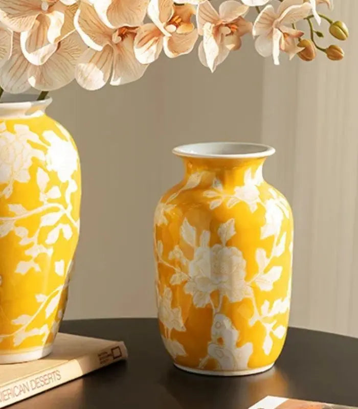 Aurelia Yellow Floral Ceramic Vase – Hand-Painted Botanical Design 23 cm