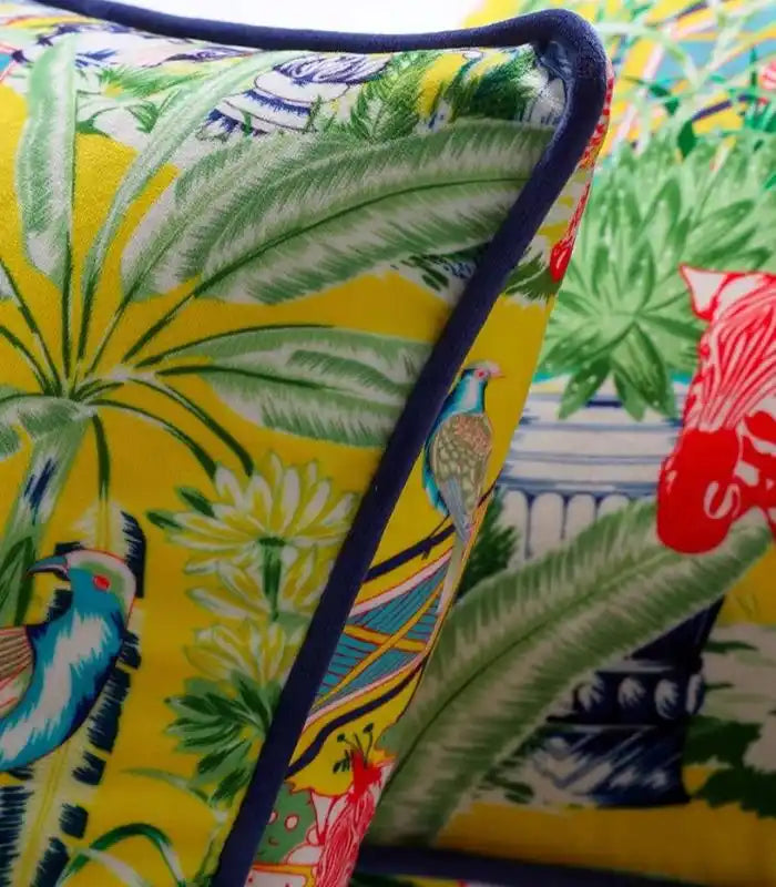 Exotic Garden Cushion Cover – Bold Tropical Print with Zebra and Pagoda 45 x45 cm