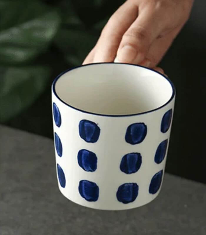 Set of 2 Blue Ceramic Cups Polka Dot Hand-Painted White & Blue