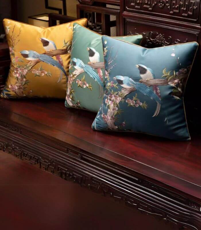 Handcrafted Oriental Bird Silk Satin Cushion Cover Embroidered Decorative Pillow Case 45 cm