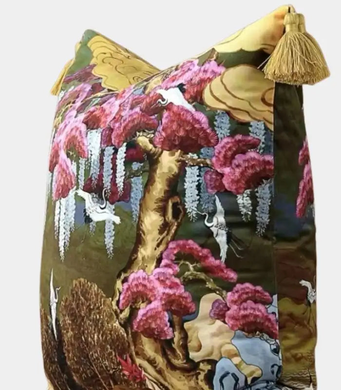 East Asian Garden Tasseled Decorative Cushion Cover - Velvet