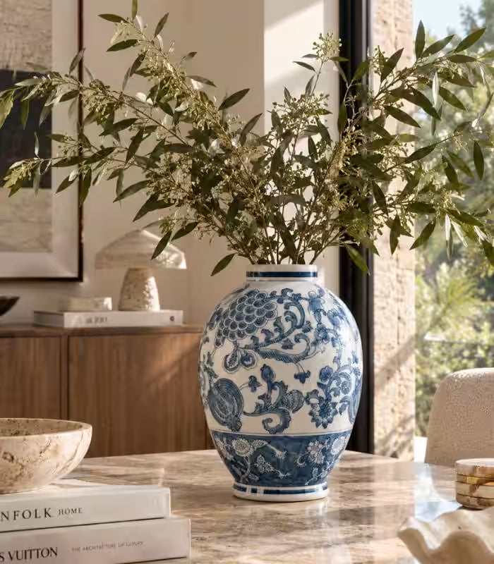 Bellamy Hand-Decorated Porcelain Vase – Blue & White Chinoiserie Floral, Classic Ginger Jar
