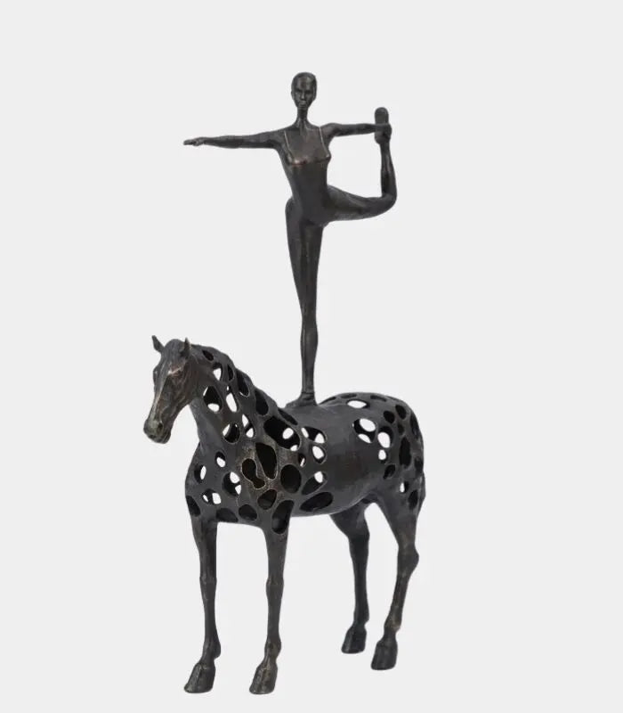Equinox Metal Figurative Sculpture – Black Yoga Figure & Horse 30 cm / 11.8 in