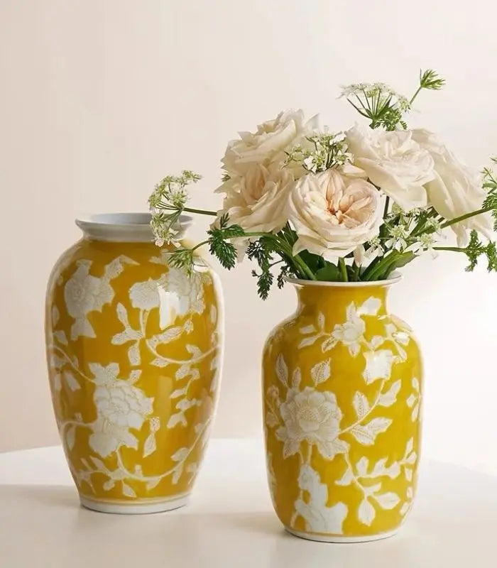 Aurelia Yellow Floral Ceramic Vase – Hand-Painted Botanical Design 26 cm