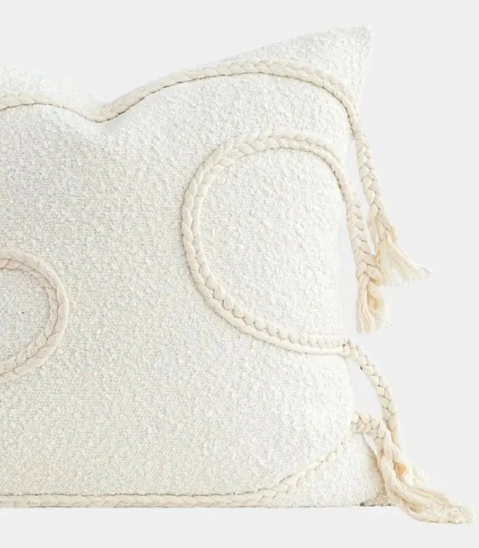 Amaya Woven Boucle Cushion Cover – Ivory with Braided Tassel Detail, 45x45cm (18 in)