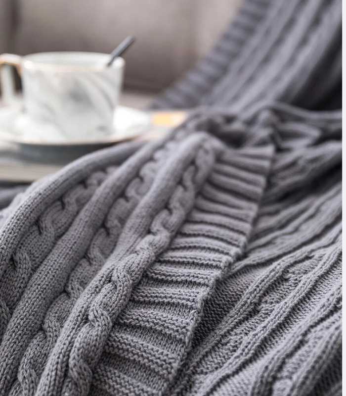 Cable Throw Knitted Blanket Cotton Grey