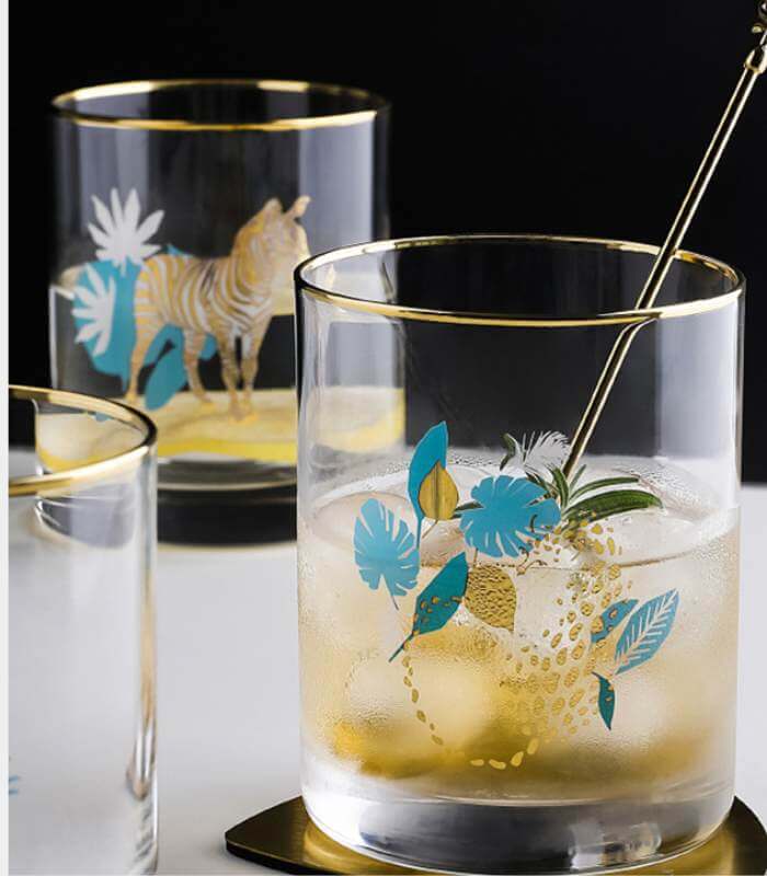 SAVANNA Gold-Rimmed Cocktail Glass - Hand-Decorated Safari Collection | Premium Whiskey Tumbler with African Wildlife Designs (390ml)