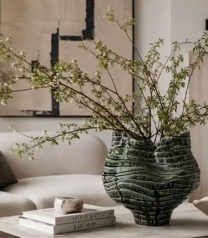 Nairi Large Handmade Ceramic Vase – Mottled Green Ridged Sculptural Vessel, Table or Floor