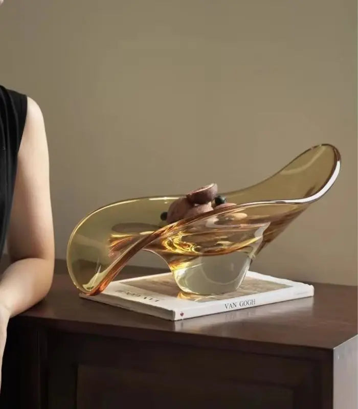 Solara Handblown Glass Fruit Bowl – Organic Wave Design Warm Amber Gold