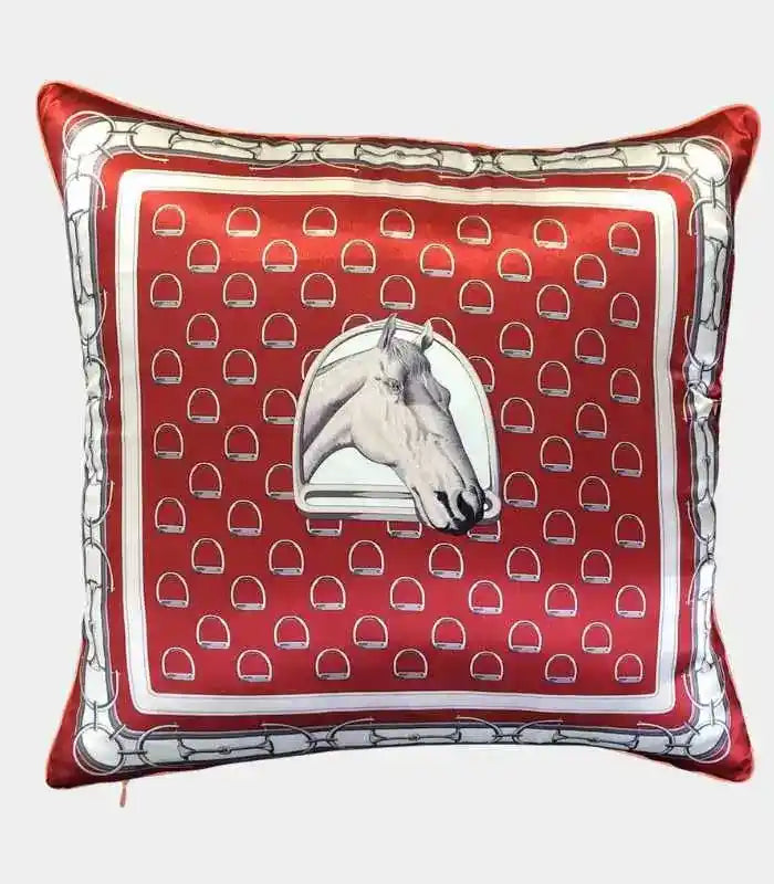 Red & White Silk Cushion Cover - 45x45 cm, Horse Bit Pattern