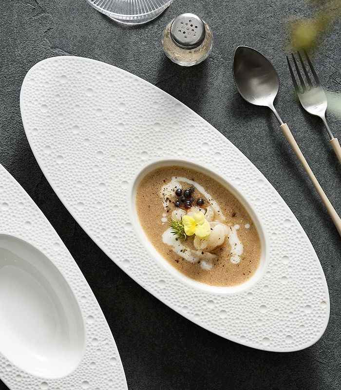 Elegant Textured Oval Ceramic Dinner Plate White Large