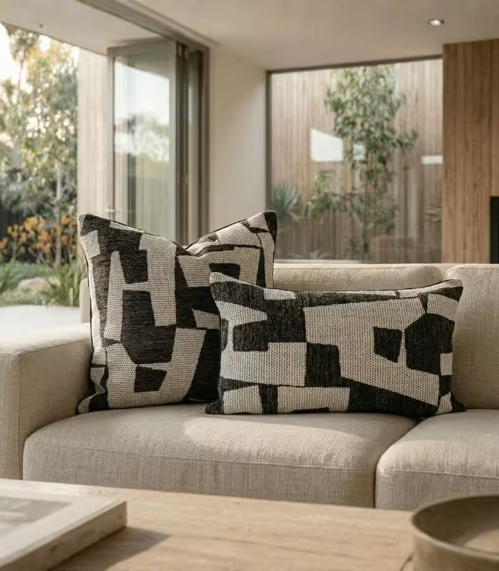 Abstract Geometric Jacquard Cushion Cover — Monochrome Woven Textile