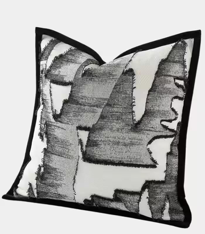 Abstract Brushstroke Cushion Cover – Embroidered Design Black & White