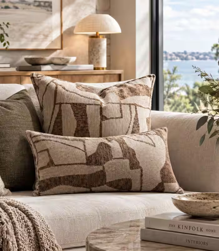 Marchetti Woven Jacquard Cushion Cover – Abstract Cubist Pattern, Brown & Taupe, 2 Sizes