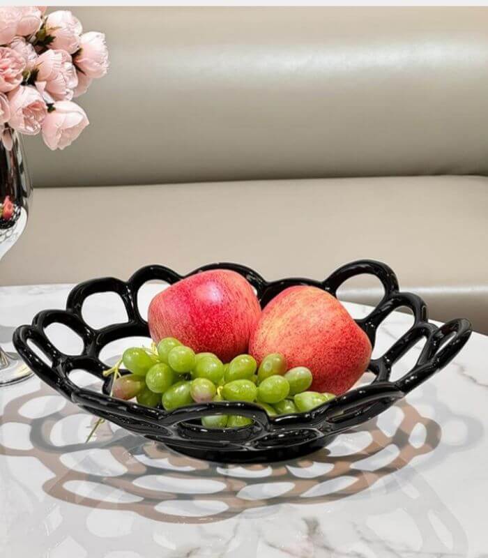 LUMINA Modern Lattice Fruit Bowl - Handcrafted Ceramic Decorative Bowl with Open Weave Design (30cm) | Contemporary Home Decor